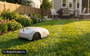 Generic white robot lawn mower on a freshly striped backyard lawn beside a flower bed at sunset