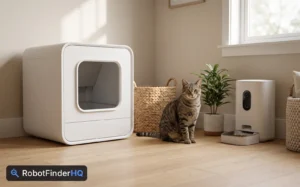 Tabby cat sitting between a boxy self-cleaning litter box and a smart pet feeder with a camera