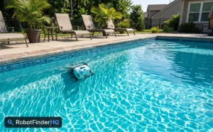 Cordless robotic pool cleaner working near the waterline of a backyard inground pool