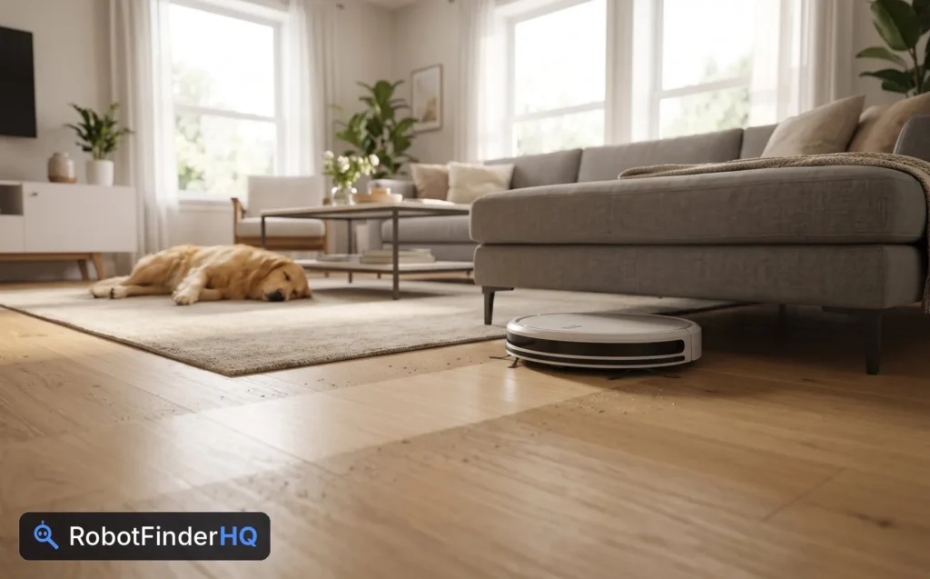 Robot vacuum gliding out from under a low sofa on a wood floor, with a dog asleep on the rug