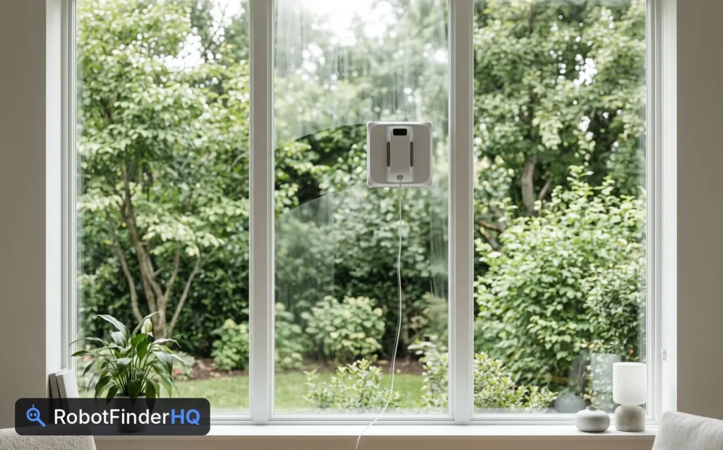 Window cleaning robot on the inside of a living room window, with a clean path behind it
