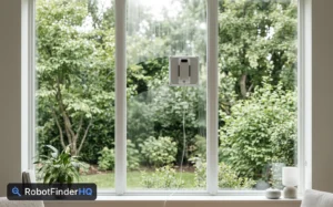Window cleaning robot on the inside of a living room window, with a clean path behind it